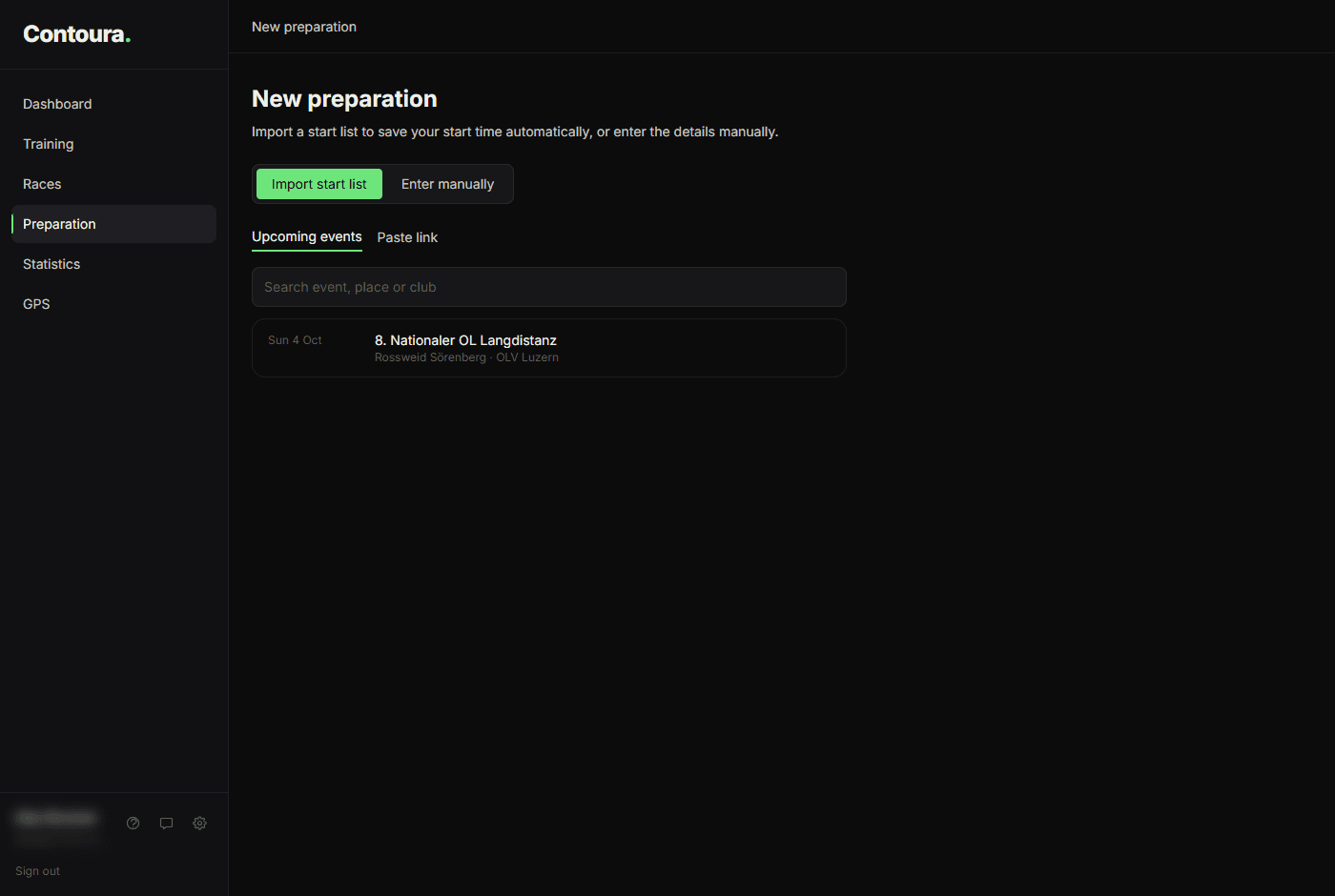 New preparation page listing upcoming events with a start list