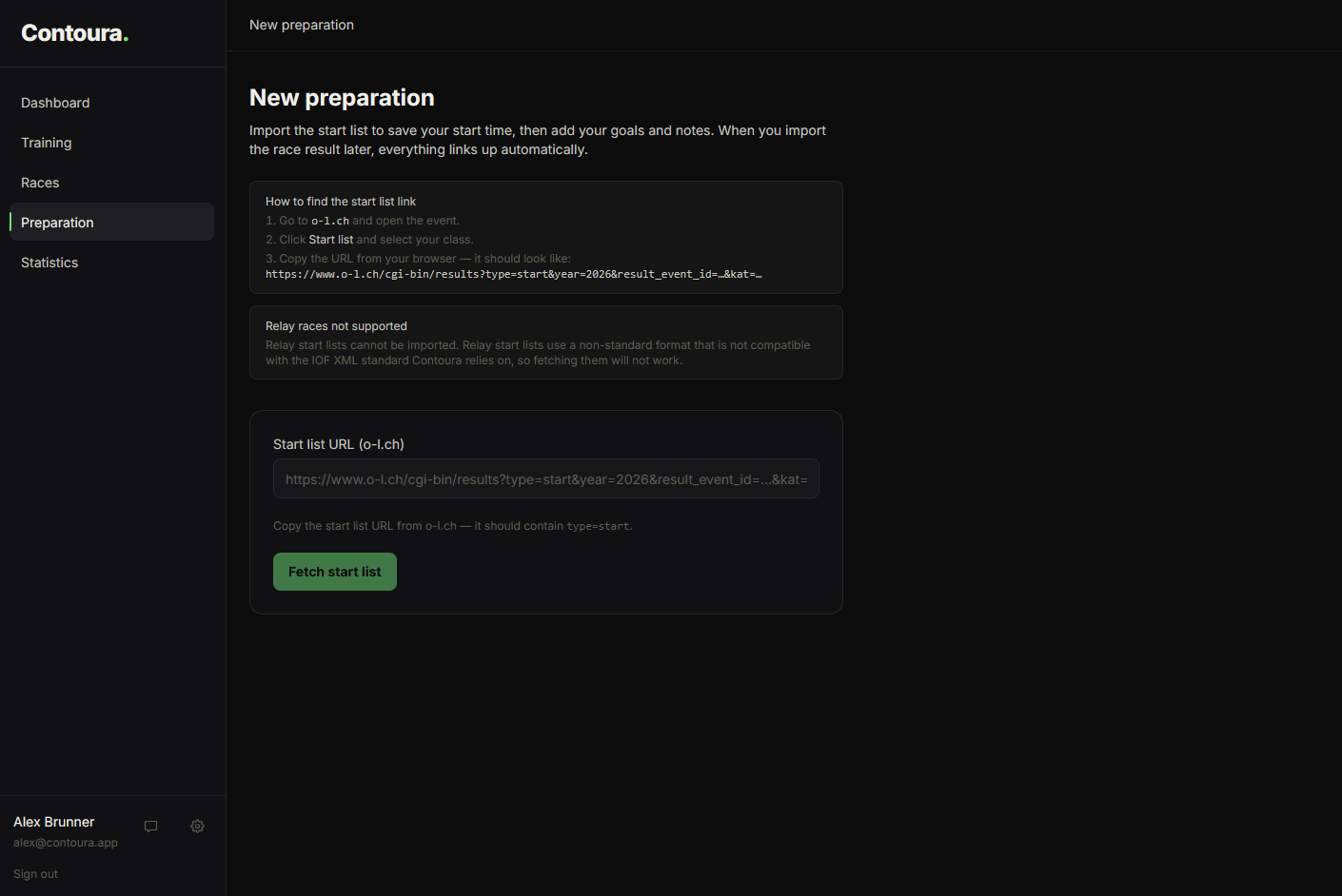 New preparation screen explaining how to import a start list from o-l.ch