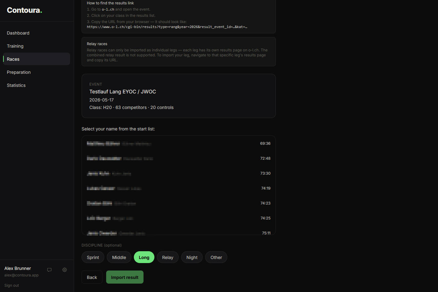 Athlete list after fetching results, showing names, finish times, and discipline selector