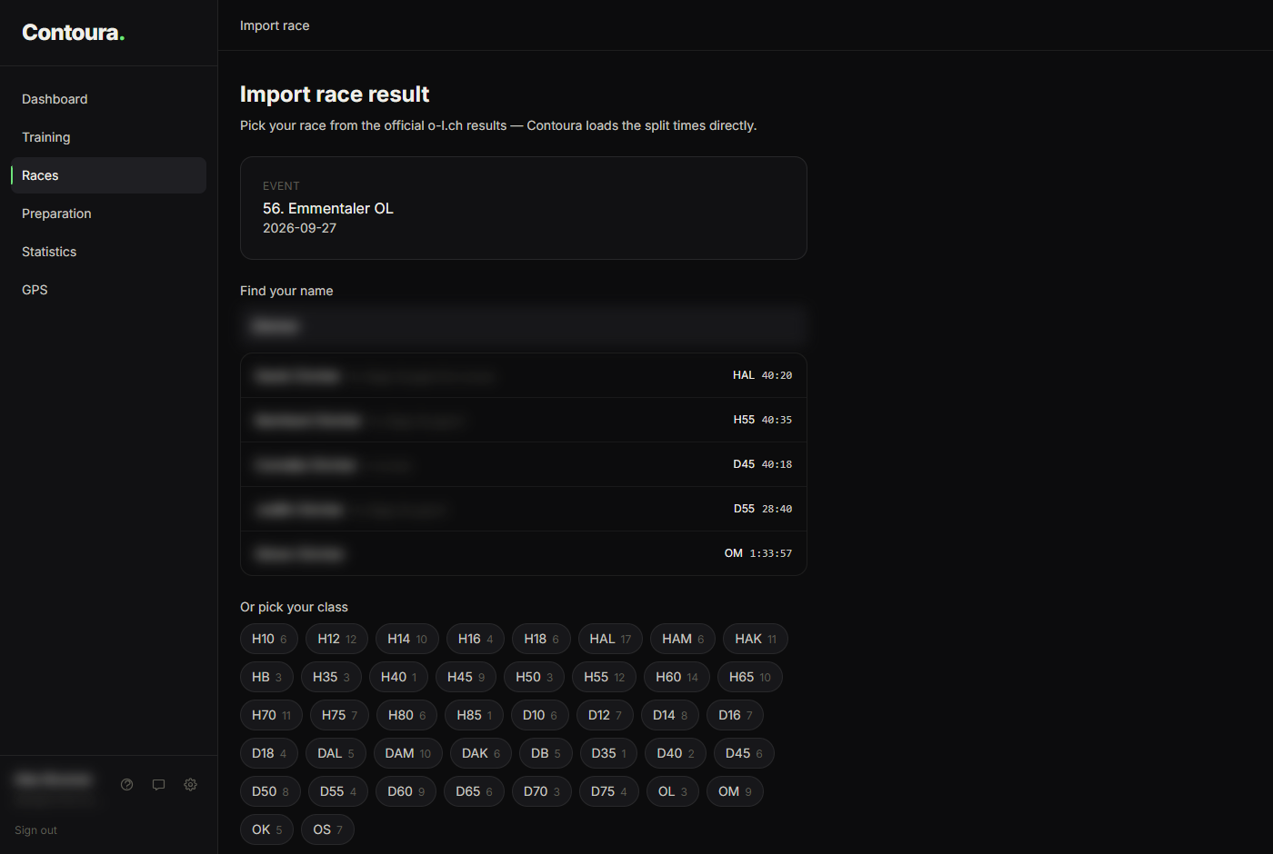 Name search showing matching athletes with class and finish time