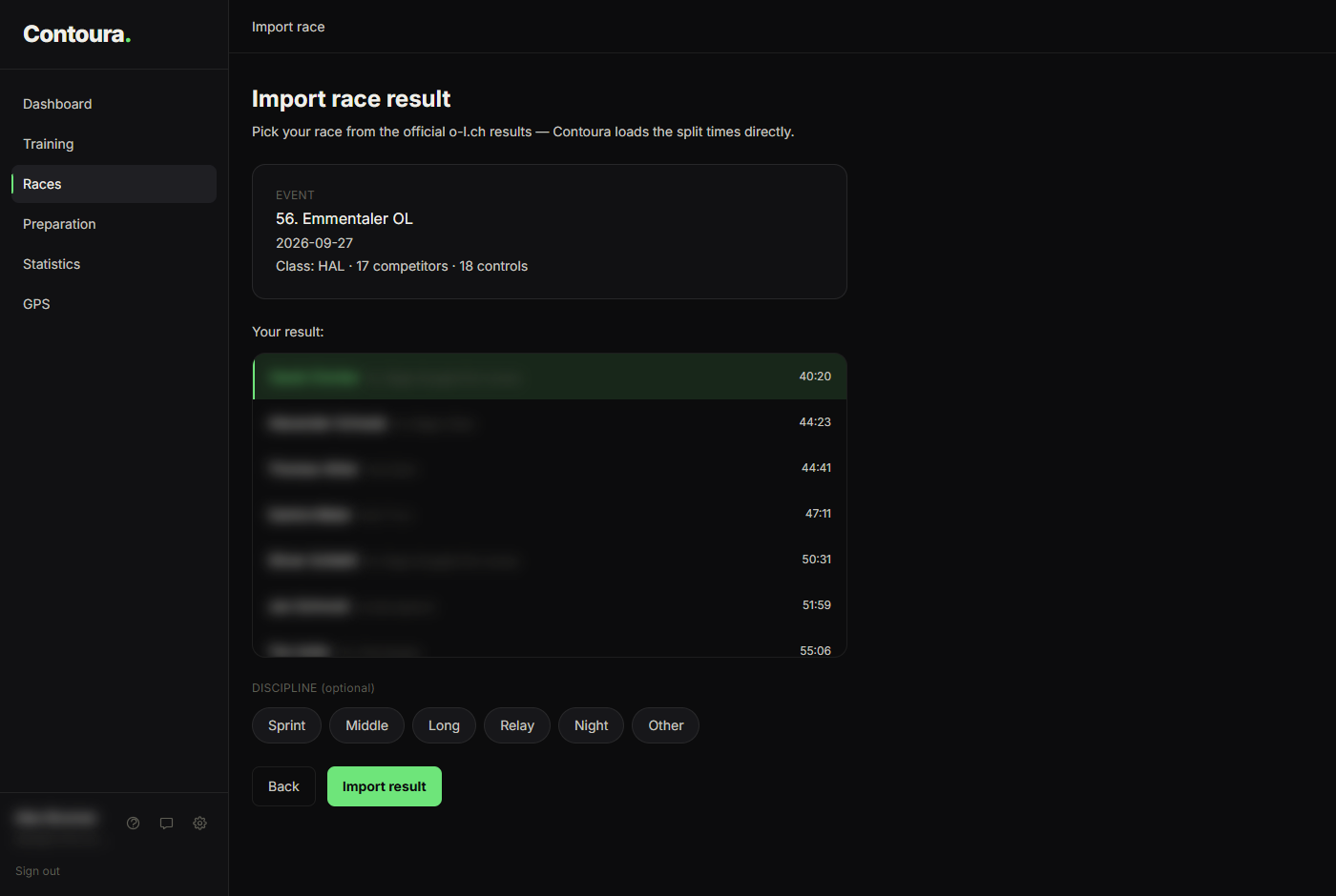 Class result with the selected athlete highlighted, the discipline selector and the Import result button