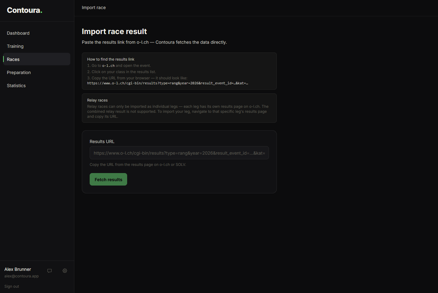 The import page showing the Results URL input field and fetch button