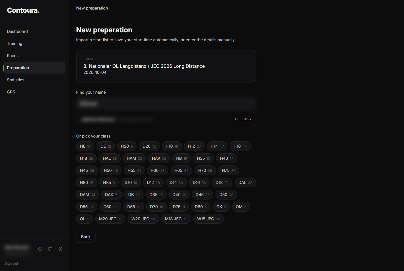 Name search in the start list showing the athlete with class and start time