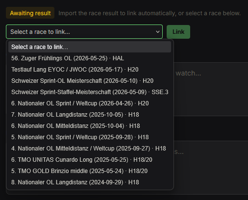 Preparation page showing the Awaiting result status with a race dropdown and Link button