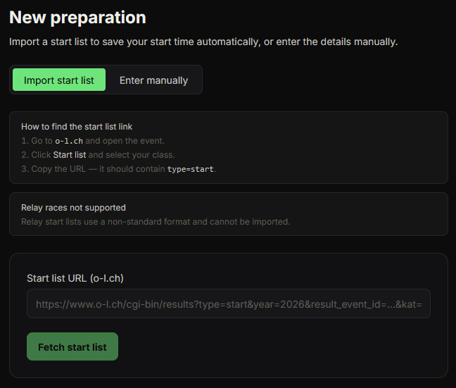 New Preparation page showing the Import Start List / Enter Manually toggle