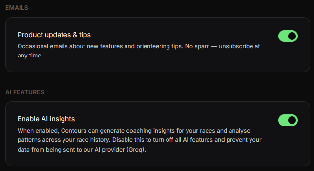 Settings page showing AI features toggle and email preferences sections